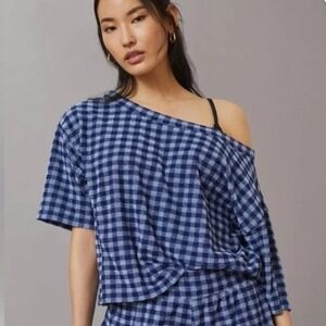 Anthropologie Gingham Top Terry Cloth Loungewear Cozy Daily Practice Blue Medium